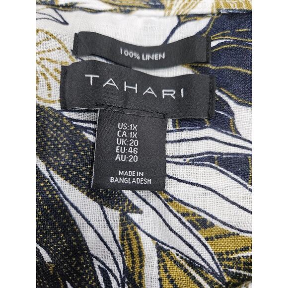Tahari 100% Linen Green Floral Button Up Shirt Size 1X XL Blue Tan - Picture 2 of 5